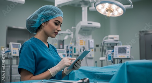 Focused surgeon uses a tablet in a modern operating room, reviewing patient data before a procedure.