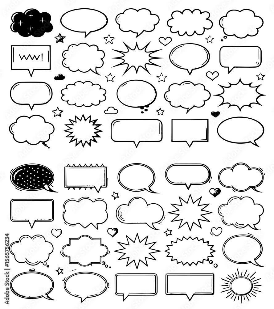 Obraz premium Collection of black and white comic style speech bubbles and starbursts graphic