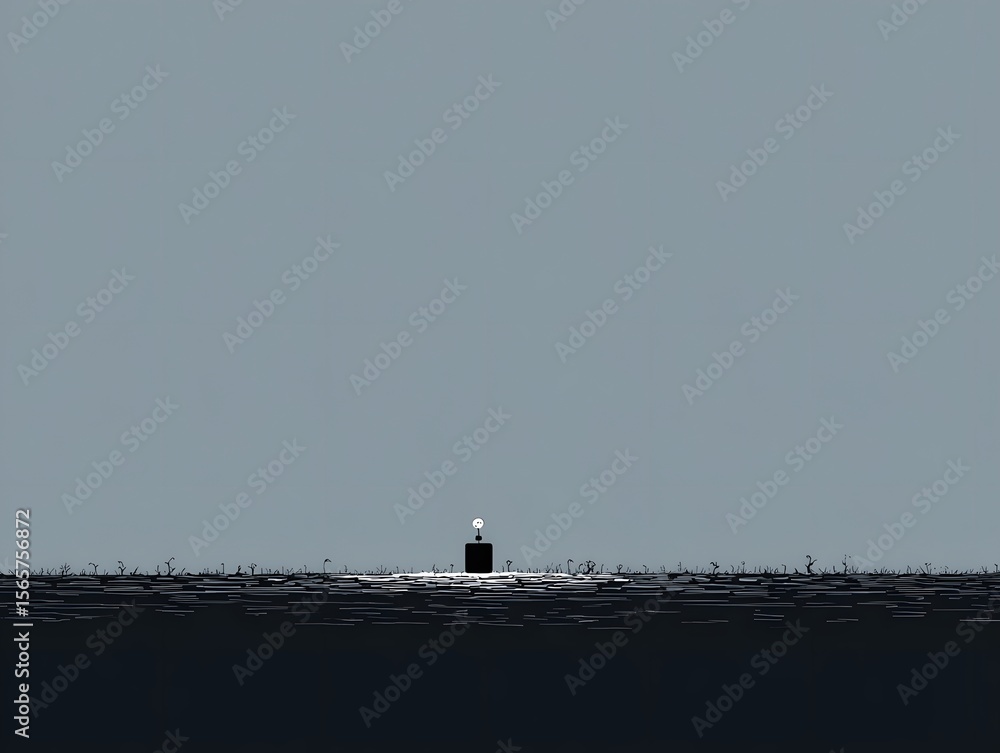 Obraz premium A solitary submarine surfaces from the ocean, a symbol of secrecy and naval power, framed against a vast, monochromatic sky, creating a minimalist yet striking scene.