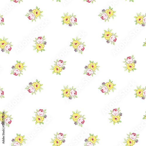 Watercolor floral seamless pattern with and leaves. Spring colorful decor with hand drawn rose on white background