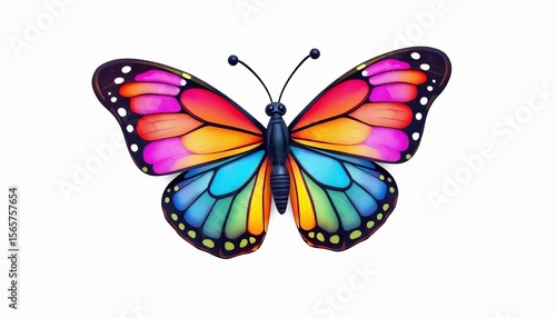 Vibrant cartoon butterfly with bold colors on white background,  delicate,  colorful