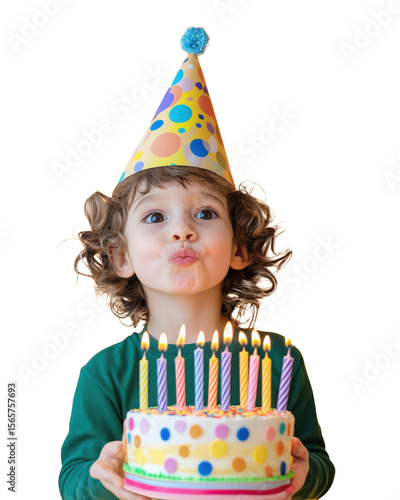 Child Celebrating Birthday with Colorful Cake and Candles