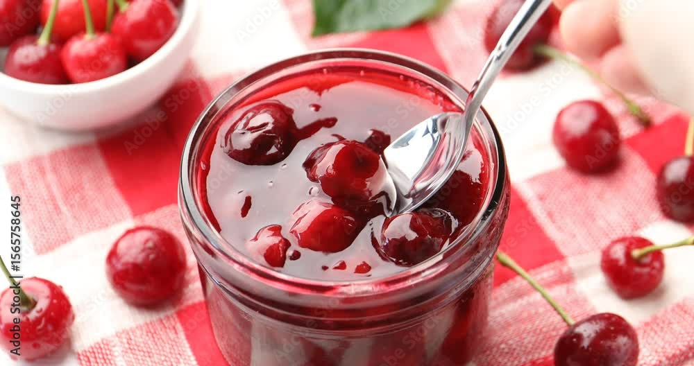 custom made wallpaper toronto digitalWoman taking cherry jam with spoon out of jar at table, closeup