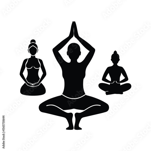 3 people yoga poses .Yoga Poses Three Silhouettes of Women Practicing Different Asanas for Meditation and Mindfulness