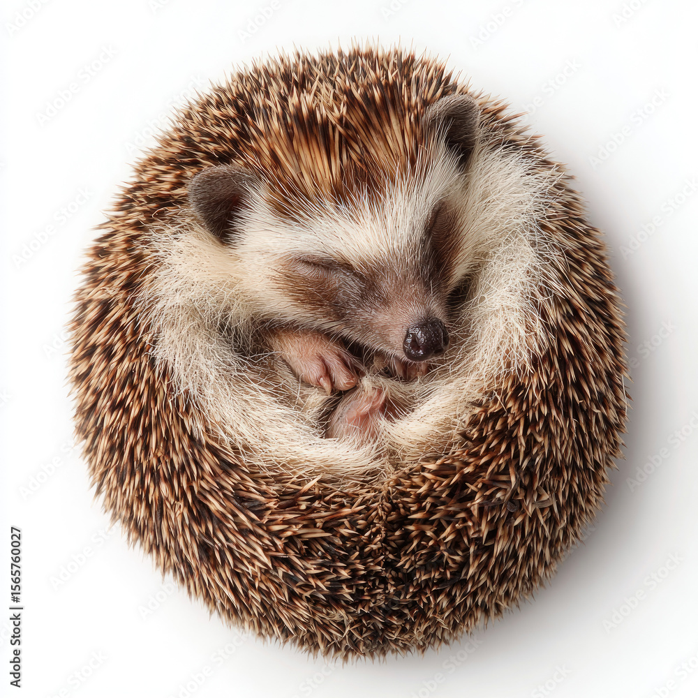 Obraz premium A curled-up hedgehog peacefully sleeping on a white background, showcasing its natural spines and fur