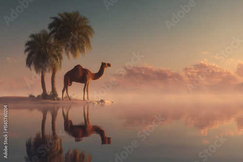 Camal standing near oasis water reflection at dawn with palm trees