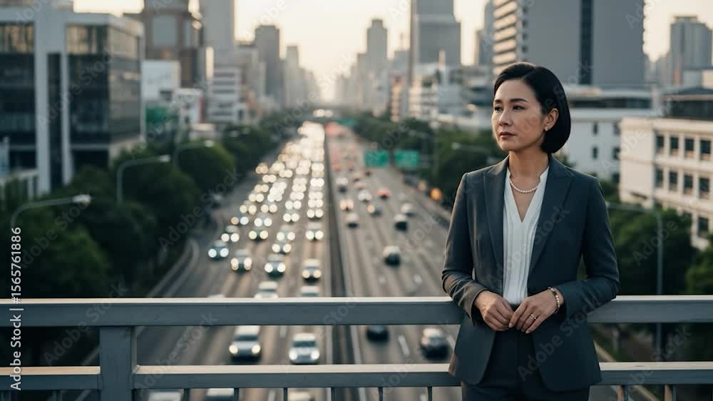 Confident Asian Businesswoman Overlooking City Traffic: Success and Ambition Confident Asian Businesswoman Overlooking City Traffic: Success and Ambition