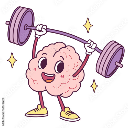  Cheerful and Strong Cartoon Brain Character Lifting Weights, Symbolizing Mental Strength