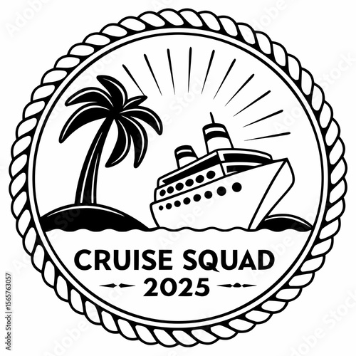  Black and White Circular Logo for "Cruise Squad 2025" with Ship and Palm Tree