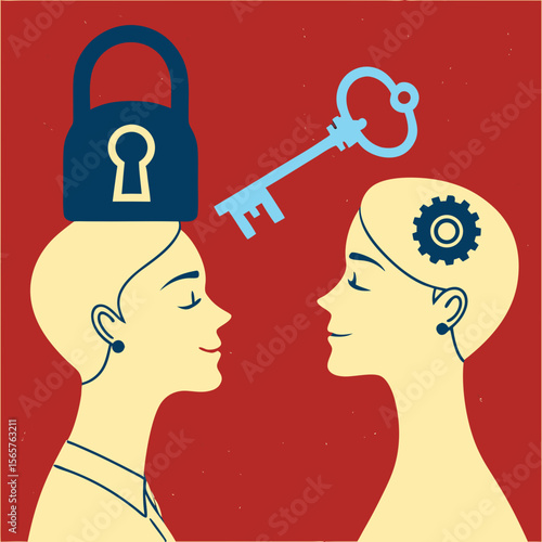 Intricate and Symbolic Illustration Representing Mental Blocks and Solutions: Lock, Key, and Gears