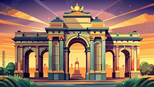 At Cinquantenaire Park in Brussels, the grand triumphal arch glows golden at dusk, surrounded by families on sprawling lawns.