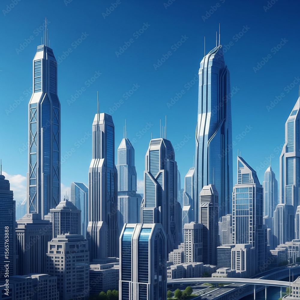 Fototapeta premium Futuristic skyscraper cityscape under blue sky