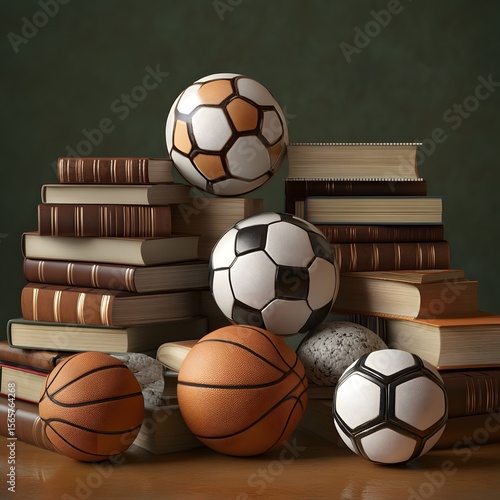 The harmonious blend of classic books and sports balls suggests a metaphor for the integration of knowledge and physical activity. An intriguing visual concept.