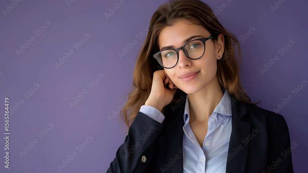 Young professional woman with eyeglasses smiles in front of a purple background. Dressed in a blue shirt and black blazer, she radiates confidence. Young professional woman with eyeglasses smiles in front of a purple background. Dressed in a blue shirt and black blazer, she radiates confidence.
