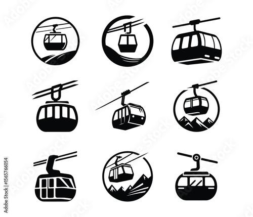 Cable Car Icon Set – Vector Silhouettes of Mountain Gondola Lift and Ropeway Transport