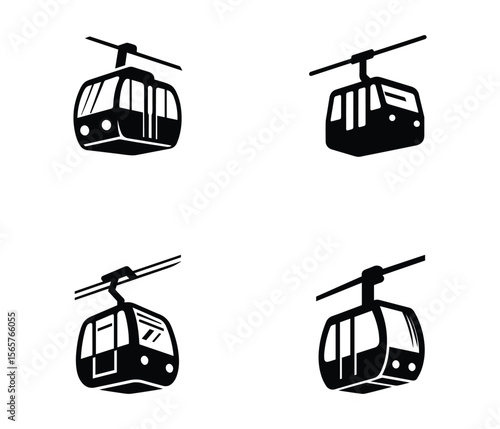 Cable Car Icon Set – Vector Silhouettes of Mountain Gondola Lift and Ropeway Transport