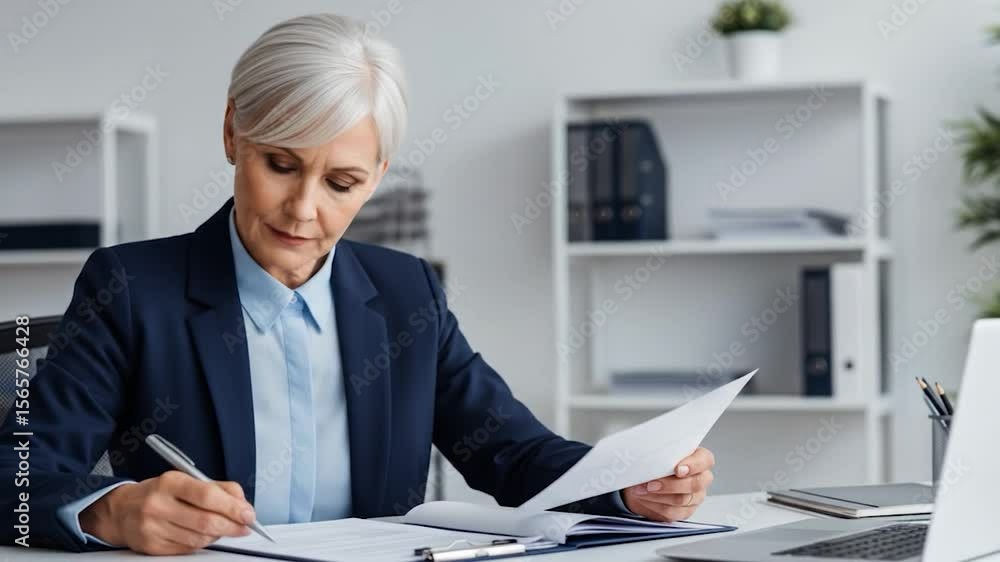 Focused Businesswoman Reviewing Documents in Modern Office Focused Businesswoman Reviewing Documents in Modern Office