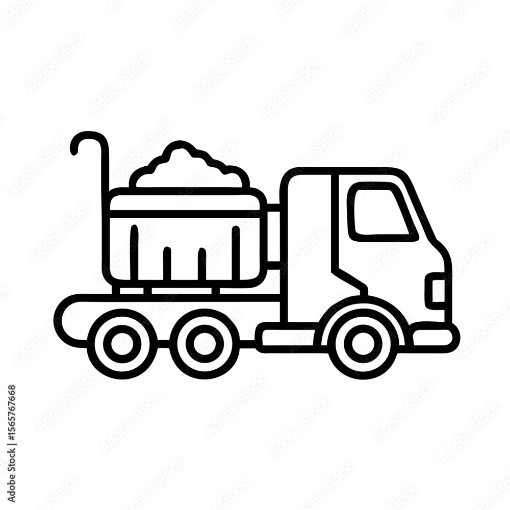 Fototapeta premium Dump truck carrying sand or dirt, a construction vehicle or heavy equipment for material transport. Vector icon illustration for building and sewage system concept on white background