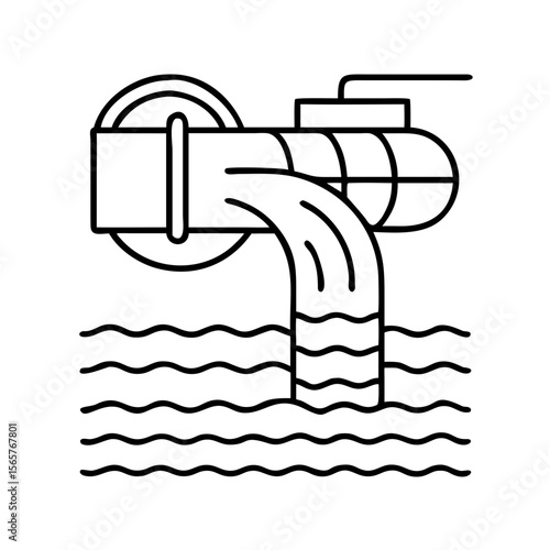 Wastewater drain pipe discharging liquid into water body representing sewage system, water pollution. Line icon for ecological concept, plumbing, environment. Vector illustration
