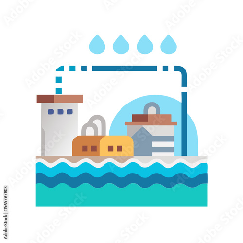 Water treatment plant or sewage system facility with drops and pipe. Water purification concept. Modern flat style. Vector icon for website, app, infographic