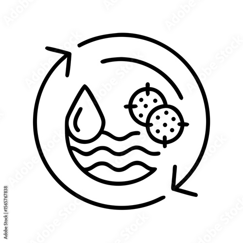 Water purification process inside round frame with arrows for sewage system, filtration technology concept. Vector line illustration for infographic, website icon