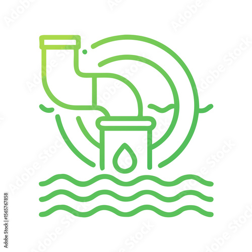 Sewage pipe discharging liquid waste water into a body of water with waves. Water pollution concept. Gradient outline icon for ecology, plumbing.