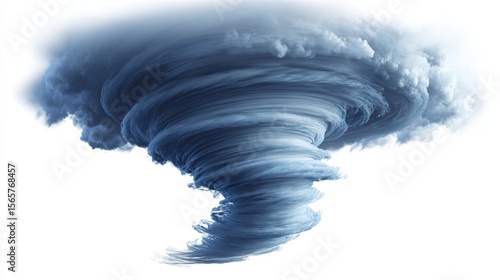 A digitally rendered dark-blue tornado, swirling violently against a stark white background, showcasing a powerful, destructive vortex of clouds
