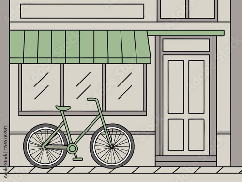 Vintage Bicycle Leaning Against Shopfront with Green Awning for Illustrations, Websites, Blogs, Urban Themes, and Lifestyle Content  
