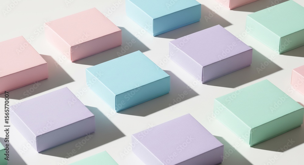 Pastel Boxes Pattern: Minimalist Arrangement with Soft Shadows on White Background Pastel Boxes Pattern: Minimalist Arrangement with Soft Shadows on White Background