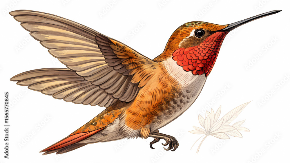 Fototapeta premium Rufous hummingbird illustration flying drawing art print hummingbird vector hummingbird clip art design