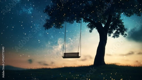 Dreamy nighttime swing beneath starry sky