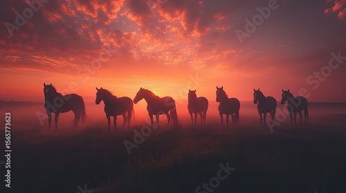 Seven horses stylized standing in a row against a backdrop of majestic mountains
