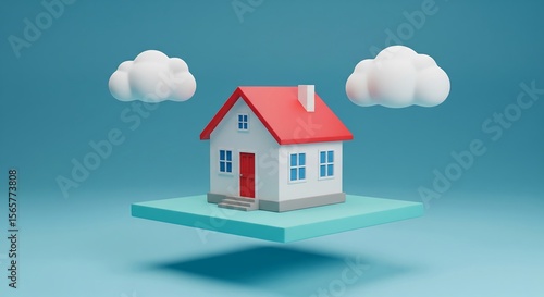 Wallpaper Mural Cartoon house with a red roof, floating on a turquoise platform against a blue background, flanked by two white clouds. Cute and minimalist design. Torontodigital.ca