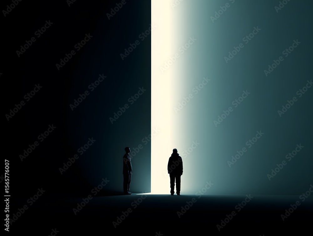 Fototapeta premium A silhouette of two figures stand before a gateway of light, an emotive scene symbolizing opportunity and introspection. The visual story represents a journey of self-discovery.