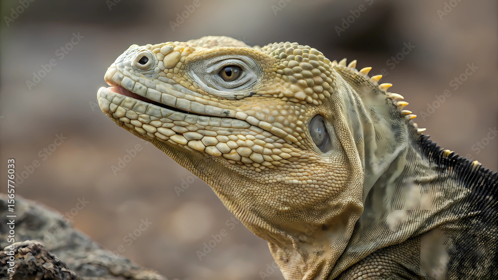 Fototapeta premium Close up of galapagos land iguana head shot reptile wildlife nature animal portrait exotic lizard species