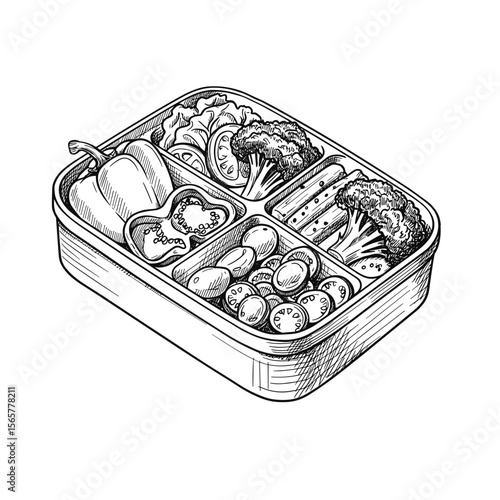 Lunchbox with veggies and assorted ingredients in sketch style  