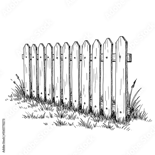 Picket Fence with Grass Illustration. Hand-Drawn Monochrome Sketch on Transparent Background. Home boundary, garden landscaping concept for real estate, web design, outdoor living
