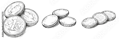 Three Coins Illustration. Hand-drawn monochrome sketch of varying sized currency on a white background. Financial concept, savings, investment for banking, economic news, personal finance