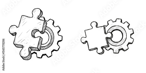 Puzzle Piece with Cog Illustration. Hand-Drawn Monochrome Sketch on Transparent Background. Problem Solving, Strategy Concept for Business Presentations, Educational Resources, Web Design