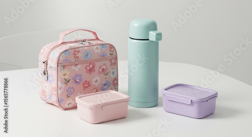 Pastel Lunch Set: Floral Bag, Water Bottle, and Bento Boxes on White Surface