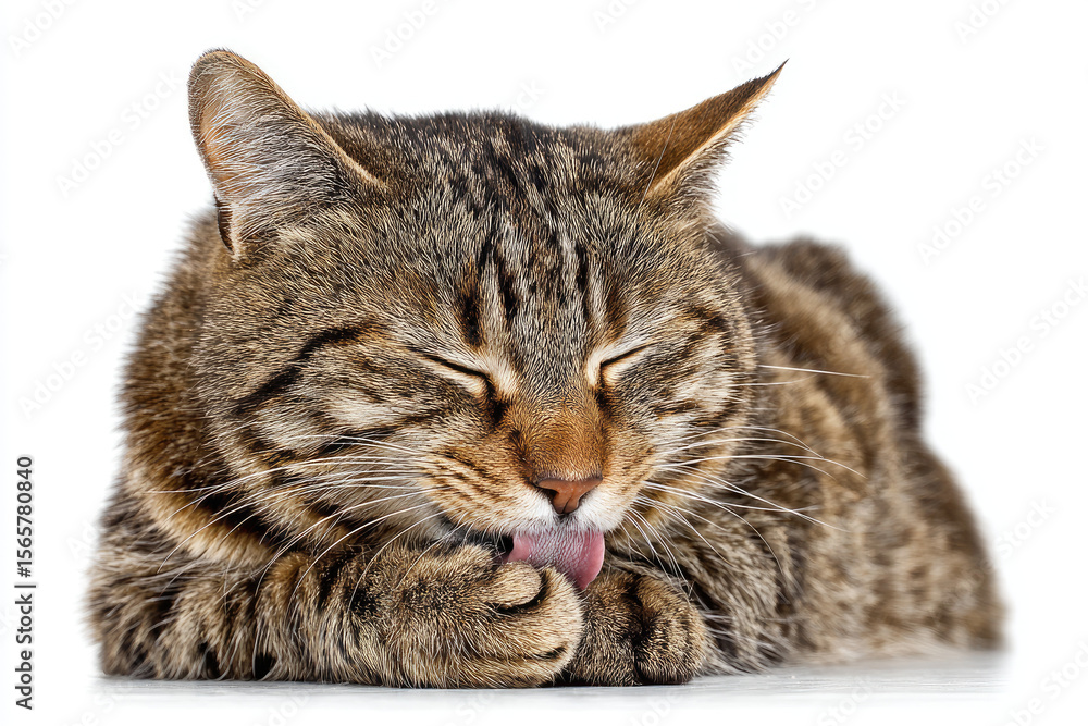 Fototapeta premium Domestic tabby cat grooming itself while resting on a clean, white surface, showcasing its fur texture