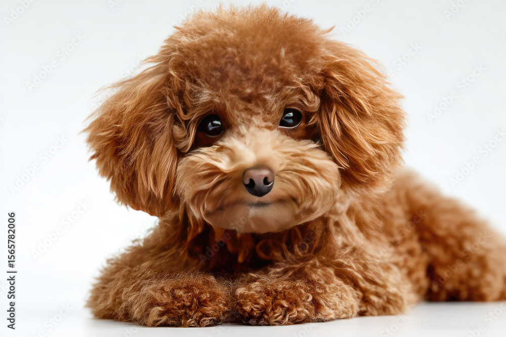 Adorable fluffy brown dog resting on a white surface, exuding charm and warmth in a minimalist setting Adorable fluffy brown dog resting on a white surface, exuding charm and warmth in a minimalist setting