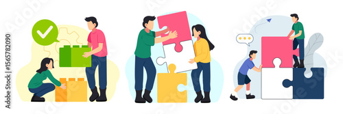 Set of people working together, assembling blocks and puzzles. Teamwork, collaboration, problem solving, and creative cooperation concept. Vector illustration