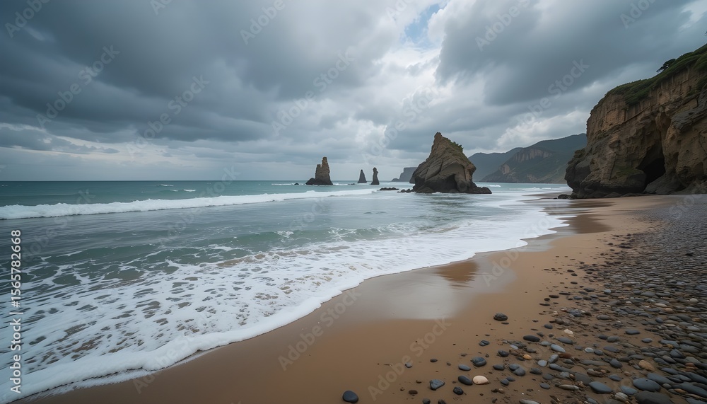 Wild beach with natural rock formations and foamy ocean waves under a dramatic cloudy sky Wild beach with natural rock formations and foamy ocean waves under a dramatic cloudy sky