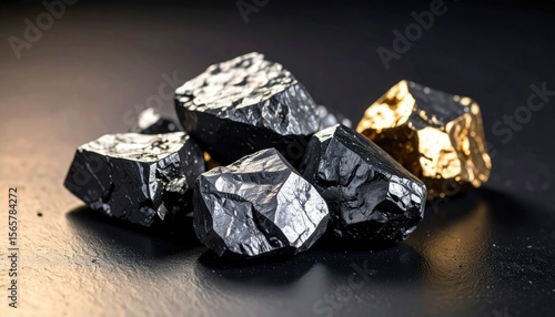 Close Up of a Pile of Rough Hematite Magnetite Nodules with Gold and Black Colors on a Dark Surface