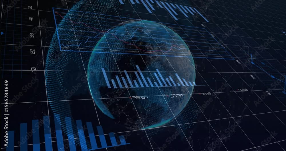 Transparent globe appearing on 3D grid starting bars rising, pie, ring ...