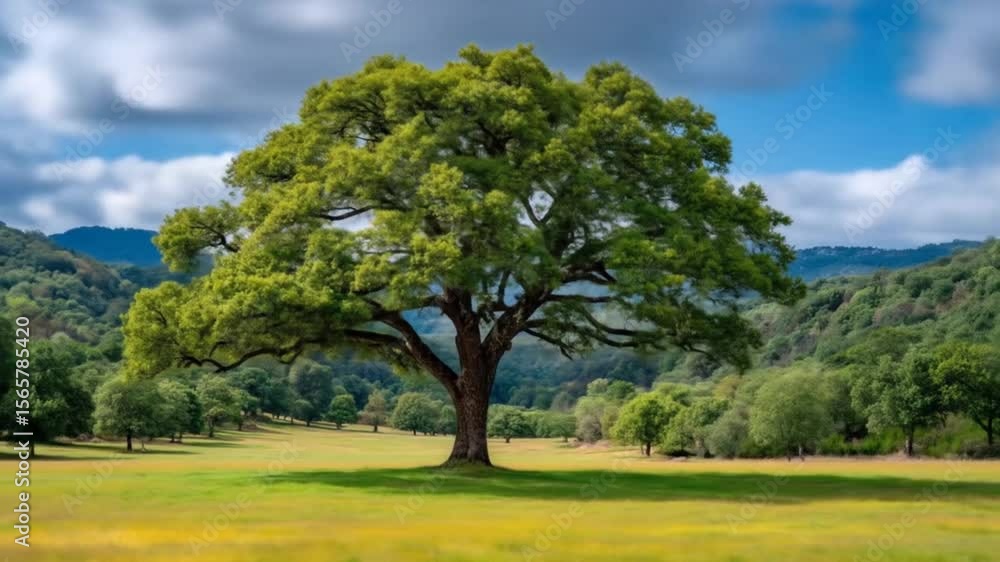 Majestic Oak Tree Standing Tall in a Lush Green Meadow Landscape Video Majestic Oak Tree Standing Tall in a Lush Green Meadow Landscape Video