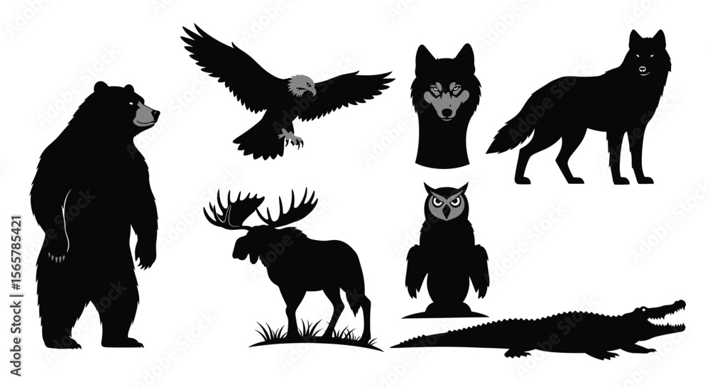 Fototapeta premium Silhouette illustration of a bear eagle wolf moose owl and alligator on a white background image view