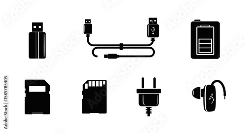 Illustration depicting various electronic accessories including usb drive and charger cable and accessories