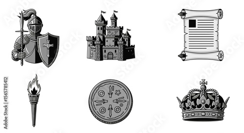 Illustration showing a knight with shield, castle, scroll, torch, coin and crown in grayscale style